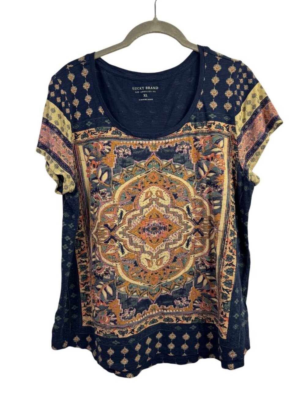 Lucky Brand Womens Navy Blue Boho Mandala Print Short Sleeve Top XL Cotton Modal